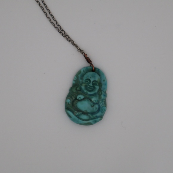 Vintage Carved Jade Buddha Necklace Silver Boho - Picture 2 of 7